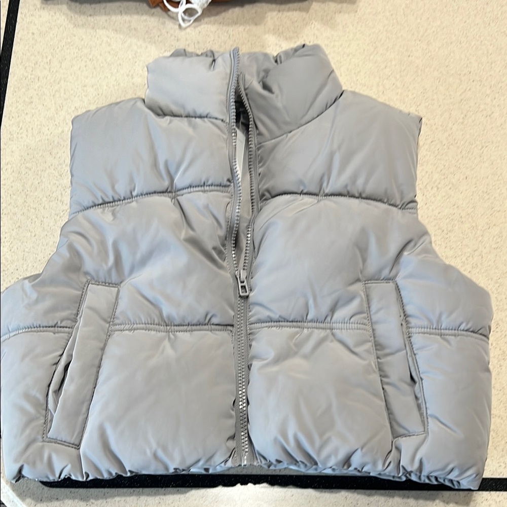 Crop Puffer Vest in Light Gray - Warm Quilted Sleeveless Jacket